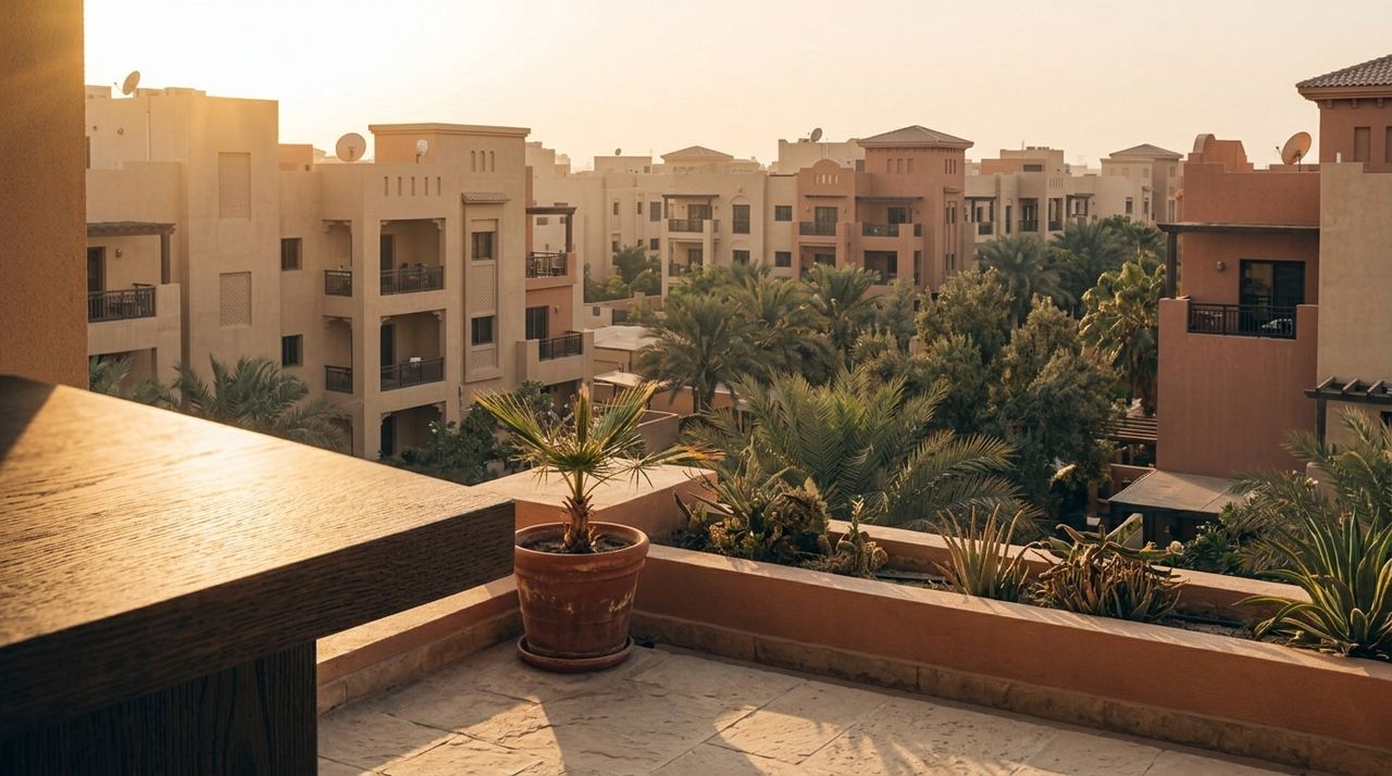 Terrace of a Dubai apartment with a view over the neighbourhood